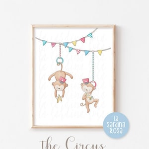 Circus animal print, Nursery wall art, Monkeys print, Vintage circus nursery decor, Kids room wall art