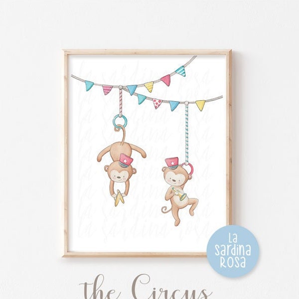 Circus animal print, Nursery wall art, Monkeys print, Vintage circus nursery decor, Kids room wall art