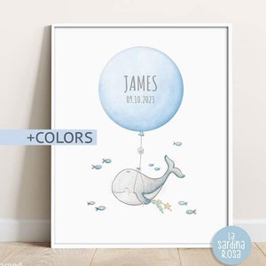 Whale nursery print, Kids room decor, Nautical nursery, Whale wall art, Personalized baby gift, Custom name 6 colors