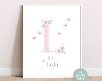 Floral monogram art print, Custom baby name, Personalized girl nursery print, Initial letter art, Butterfly nursery