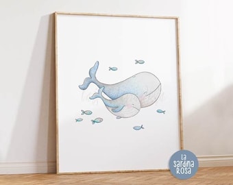 Baby room decor, Whale nursery print, Ocean nursery art decor, Mom and baby, Baby shower gift, Mother's day gift