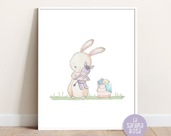 Bunny nursery wall art, Woodland baby animals prints, Kid room wall art, Rabbit print, Baby room decor Watercolor bunny