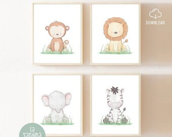 Set of 4 Safari animals, Kids room poster, Baby animals, Safari nursery decor, Printable wall art