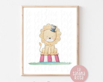 Leeuw kinderkamer kunst aan de muur, Circus thema, Babykamer kunst aan de muur, Leeuw print, Kinderkamer decor, Dierentuindieren print