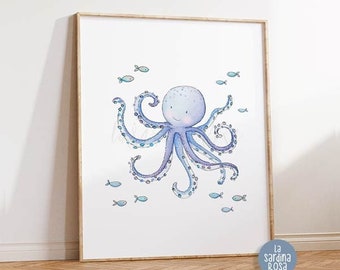 Ocean nursery wall art, Sea life print, Octopus, Nautical Baby room decor, Under the sea animal, Watercolor sea  print