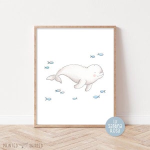 Whale nursery art print, Ocean wall art, Beluga whale art, Under the sea print, Watercolor nursery art