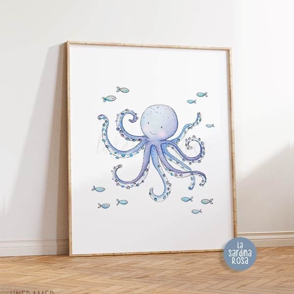 Ocean nursery wall art, Sea life print, Octopus, Nautical Baby room decor, Under the sea animal, Watercolor sea  print