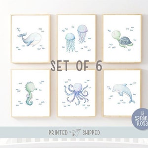 Under the sea wall art, Baby room print set, Ocean decor, Nautical nursery print set, Sea life animals art, Whale, Dolphin, Octopus
