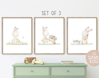 Bunny nursery prints, Baby animals decor, Farm nursery wall art, Baby rabbit art, Gender neutral