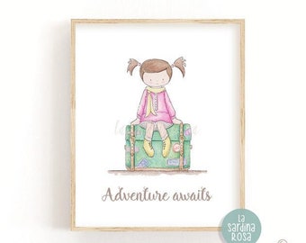 Adventure awaits Girl nursery wall art, Baby room decor, Kids travel printable wall art, Toddler Playroom poster