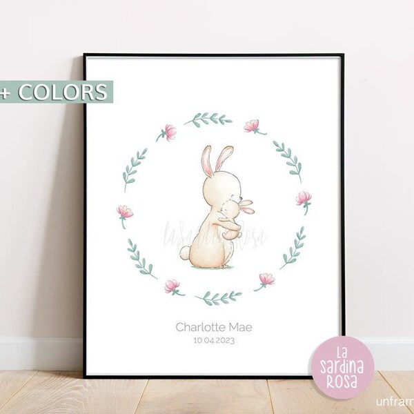 Affiche lapin, Affiche naissance bébé prénom, Poster lapin aquarelle, Déco chambre bébé, Affiche maman bébé, 3 couleurs