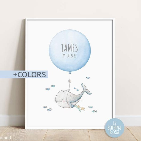 Cadeau naissance, Affiche baleine aquarelle, Déco chambre bébé, Affiche enfants, Affiche marinière, Poster baleine, Déco chambre bébé garçon