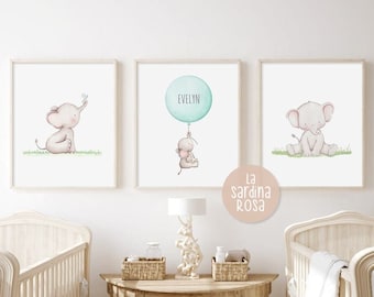 Baby elephant nursery art prints, Custom name nursery decor, Personalized Baby room art  6 colors