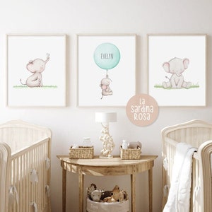 Baby elephant nursery art prints, Custom name nursery decor, Personalized Baby room art  6 colors