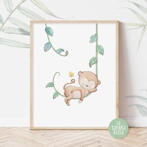 May include: A watercolor illustration of a brown monkey sleeping on a vine with green leaves. A yellow butterfly is flying near the monkey. The illustration is framed in a light brown frame.