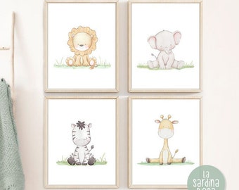 Set mit 4 Safari-Tieren-Drucken, Baby-Kinderzimmer-Wandkunst, Dschungel-Kinderzimmer-Dekor, Giraffe Löwe Elefant Zebra