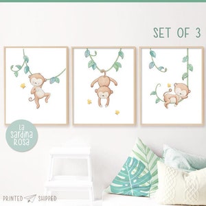 Monkey nursery art set, Baby room decor, Jungle nursery print set, Baby monkey wall art, Tropical animals decor