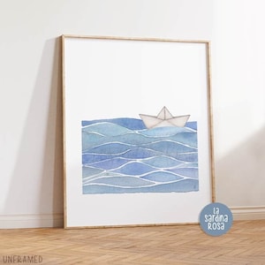 Nautical wall decor Sail Boat print, Kids room wall art, Coastal nursery art, Beach house decor, Origami boat