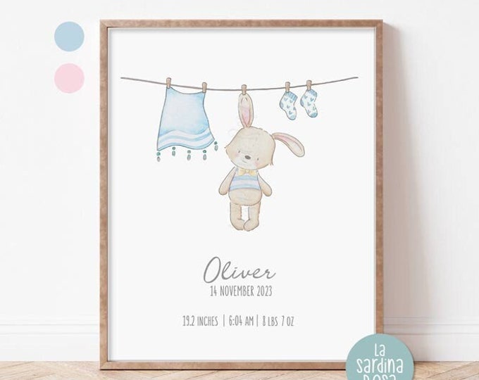 Personalized baby birth print, Custom name print, Birth stats details, Newborn keepsake, Baby shower gift, Bunny nursery wall art