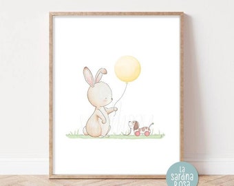 Nursery wall art, Baby bunny print, Forest nursery decor, Baby room art print, Kids room wall art - 6 Colors Unframed