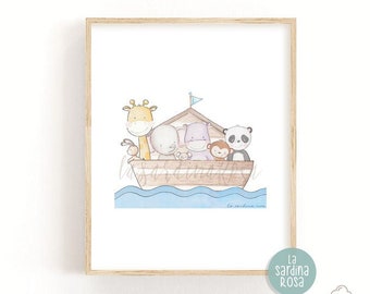 Noah's ark neutral nursery art, Boat print, Safari baby animals decor, PRINTABLE nursery art