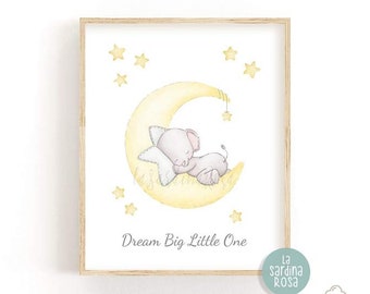 Stampa elefante camera neonato, Poster bambini luna e stelle stampabile, Quadretto elefantino acquerello, Dream big little one