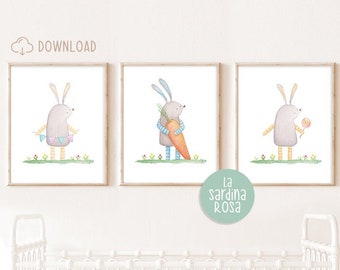 Bunny prints, Baby room wall art, Woodland nursery decor, Set of 3, Rabbit wall art, PRINTABLE nursery