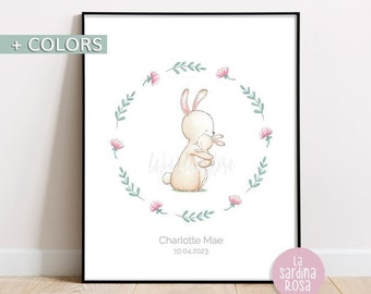 Baby girl room prints, Bunny nursery wall art, Newborn gift, Custom baby name, Mom and baby decor, Watercolor bunny print