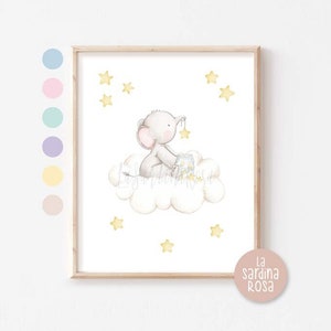 Baby room wall art, Watercolor nursery print, Baby elephant art, Cloud and star nursery print, Reach for the stars