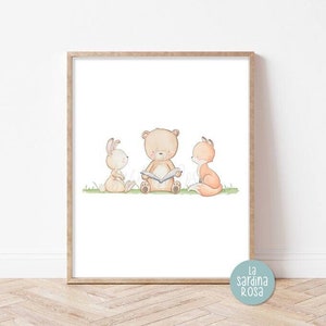 Woodland nursery decor, Baby room print, Forest animals art, Kids room print, Reading nook art, Book poster