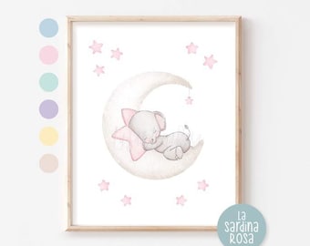 Decoración de pared para habitación de bebé niña, estampado de elefante, decoración rosa para habitación infantil, lámina para habitación de niña, elefante bebé, arte de pared de luna y estrellas 6 COLORES