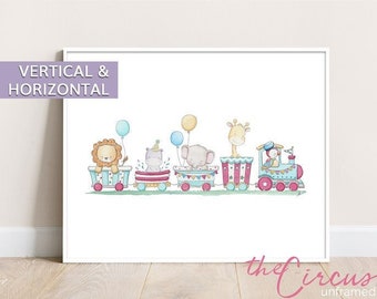 Circus train, Nursery decor, Kids room wall art, Circus theme Animals print, Playroom wall decor