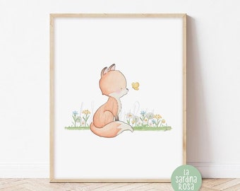 Fox art print, Baby room decor, Woodland animals, Baby fox nursery wall art, Cute fox print