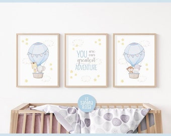 Boy nursery print set, Hot air balloon wall art, You are our greatest adventure, Kids printable art, Blue nursery decor, Baby boy gift