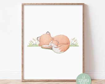 Baby fox nursery art print, Woodland nursery art, Forest Baby animals decor, Mom and baby gift