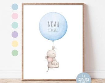Baby boy nursery print, Custom name, Elephant & balloon print, Safari nursery wall art, Personalized baby name gift