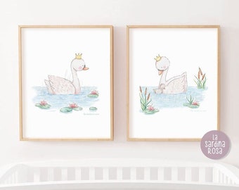 Swan print set, Girls nursery art, Mom and baby, Printable swan, Baby girl room decor, Princess swan nursery wall art DOWNLOAD