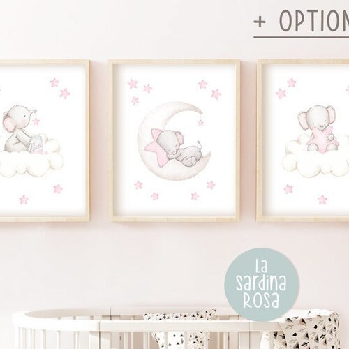 Set of 3 Baby Girl Room Art Pink Nursery Decor Elephant Wall Etsy
