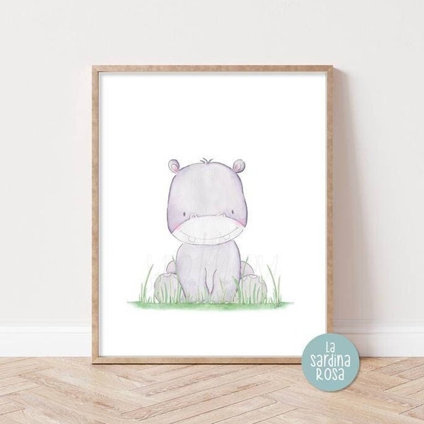 Baby Hippo print, Safari animals wall art, Hippo nursery decor, Kids room poster, Neutral nursery wall art, Hippo poster