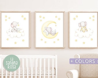 Elephant nursery wall art, Set of 3 prints, Moon and stars nursery decor, Baby room wall art, Sleeping animals