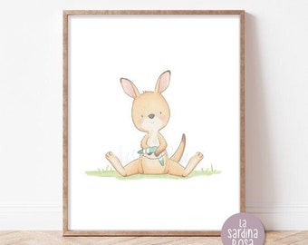 Kangaroo print, Nursery wall art, Australian animals print, Kids room wall art, Kangaroo painting, Watercolor baby animals for nursery