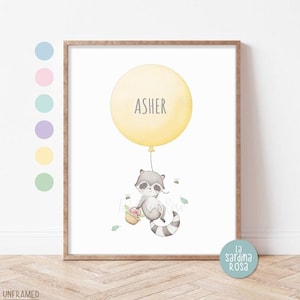 Baby raccoon nursery art, Personalized name print, Woodland theme nursery, Forest baby animal, Cute raccoon print, Custom Baby room decor