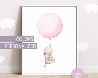 Baby Elephant print, Baby room wall art, Pastel nursery decor, Pink, Custom name gift, Girl nursery art