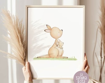 Lámina decorativa infantil con mamá canguro y su cría, decoración para habitación infantil, láminas imprimibles de animales australianos, canguro en acuarela, arte para la pared de la habitación infantil.