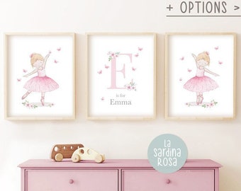 Ballerina wall art set, Personalized name print, Ballet nursery decor, Girl room art print, Pink ballerina poster