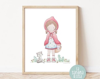 Little Red Riding Hood print, Girl room print, Fairy tale wall art, Baby girl nursery decor, Story book print, Watercolor print