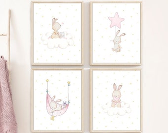 Baby nursery print set, Baby bunny nursery wall art, Cloud and stars decor, Baby room decor 4 colors