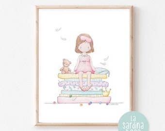 Girls nursery wall art, Little girls room print, Princess nursery decor, Reading corner print, Princess and the pea, Kids room wall art