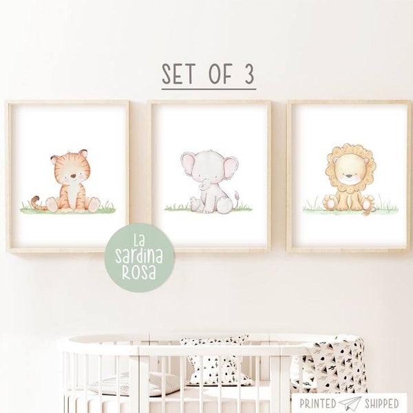 Lot 3 affiche chambre bébé, 3 Poster animaux savane Affiche aquarelle, Décoration mural pour chambre enfants, lion, éléphant, tigre