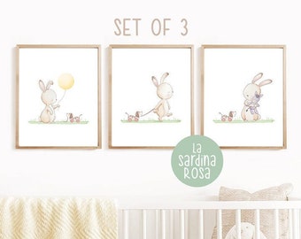 Set of 3 Baby bunny room print, Woodland nursery decor, Baby nursery wall art, Rabbit art print, 6 colors